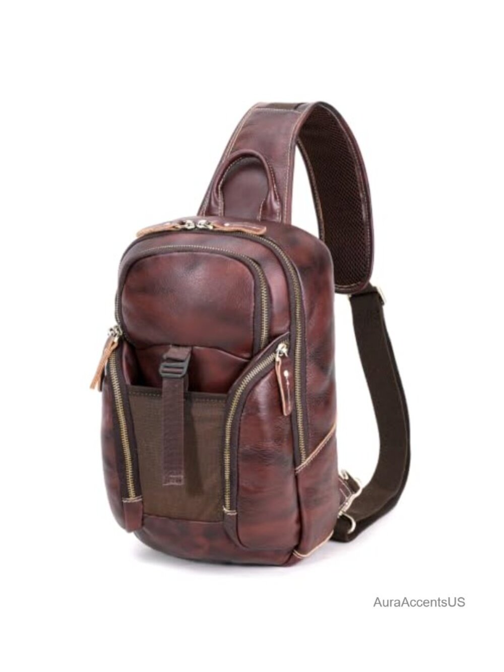 Full Grain Leather Sling Crossbody Chest Bag Daypack for Men, 5 Compartments,